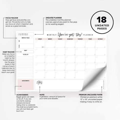 Bliss Collections Monthly Planning Pad - To Do List Notebook, Undated Tear-Off Sheets Notepad, Work Calendar,