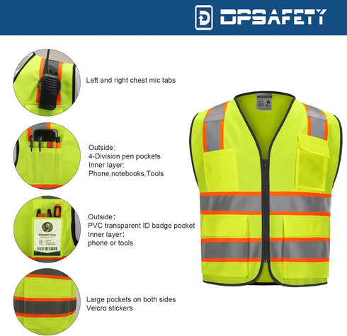 9 Pockets High Visibility Class 2 Safety Vest, Hi Vis Vest with 2 Inch Wide Reflective Strips, Zipper Construction Work