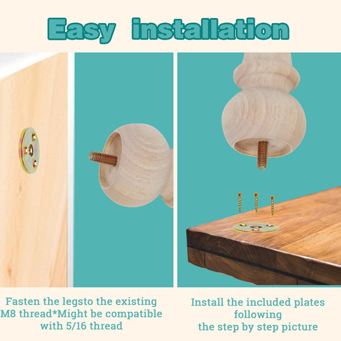 2 Inch Set 4 Wooden Unfinished Bun Feet for Dresser Legs Couch Sofa Cabinet Ottoman DIY Replacement Wood Furniture Legs