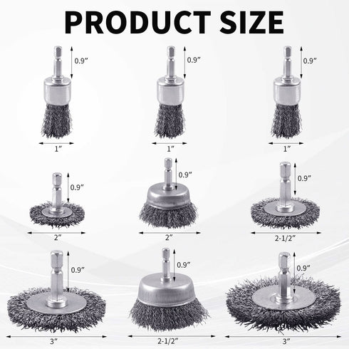9 Pcs Wire Brush Wheel for Drill, 0.012 Coarse Carbon Steel Crimping Wire Brush for Drill, 1/4 Inch Hex Shank, Wire Brush Drill Bit, Wire Brush for Rust Removal, Wire Brush Drill Attachments