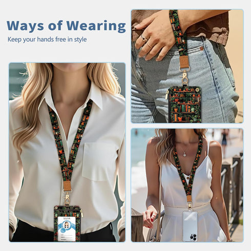 Lanyard Wallet with Id Badge Holder, Bookshelf RFID Small Keychain Wallet Women Wristlet, Cute Zipper Credit Card