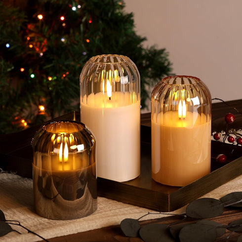 Set 3 Clear Glass Flameless Candles with Remote, Flickering LED Pillar Candles Battery Powered Ribbed Dome Top
