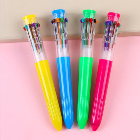 HeTaoCat Multicolor Pens 3 Pack, 0.5mm 10-in-1 Retractable Ballpoint Pens, 10 Colors Transparent Barrel for Office
