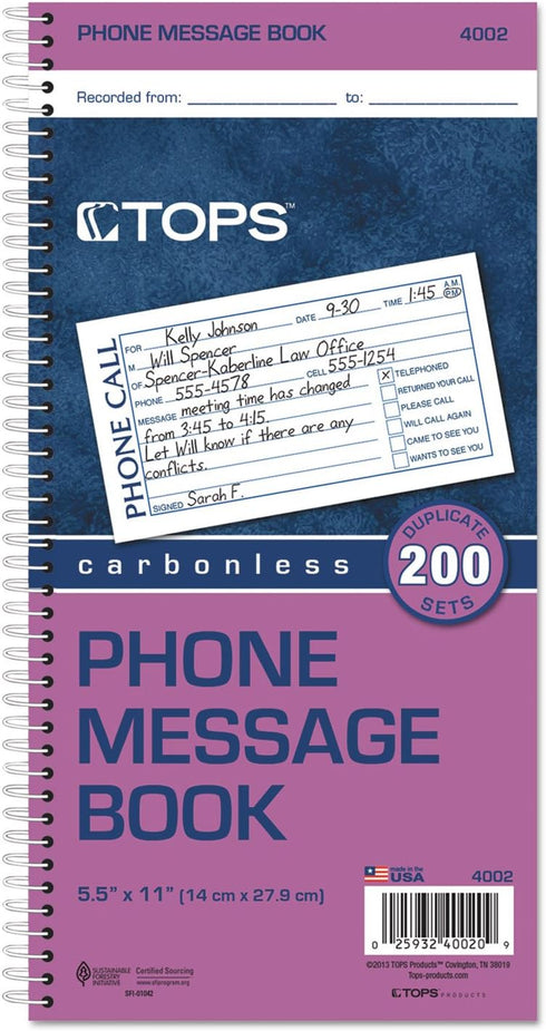 TOPS Phone Message Book, Carbonless Duplicate, 200 Set per Book, 4 Messages per Page (4002)