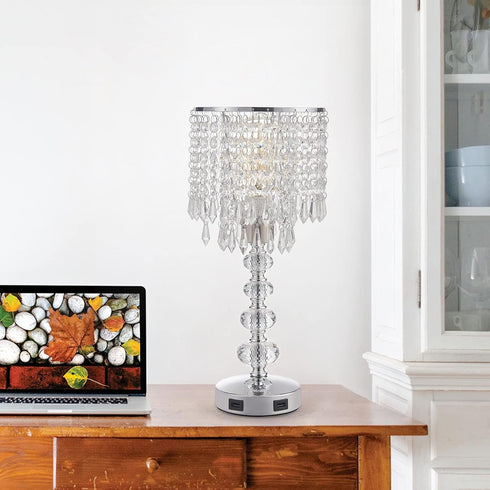 3 Dimmable Acaxin Crystal Table Lamps for Bedroom Nightstand - Touch Bedside Lamps with Two USB Charging Ports Silver