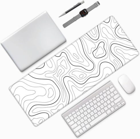 White Mouse Pad - Extended Gaming Mouse Pad for Desk 31.5 x 11.8 Inch, Black and White Topographic Design