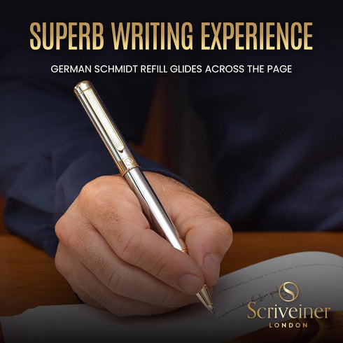 Scriveiner Silver Chrome Rollerball Pen - Luxury Pen with Real Gold Plating, Best Gift Set