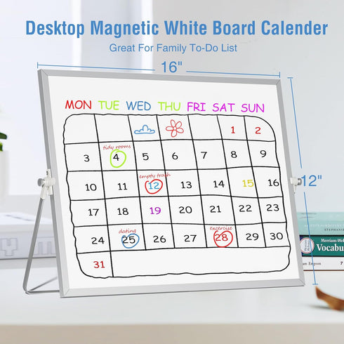 Magnetic Desktop Whiteboard with Stand, 16'' x 12'' Double-Sided Dry Erase Board with 6 Markers and 1 Eraser