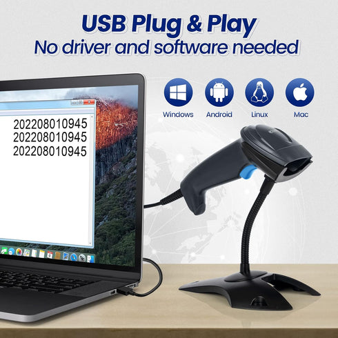 OBZ 1D 2D CMOS Barcode Scanner with Stand, USB Wired Handheld QR Code Scanner Supports Screen Scan, Portable Automatic