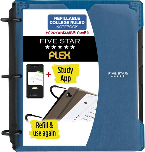 Five Star Flex Refillable Notebook + Study App, 1 Inch Binder with Customizable Cover, 200 Sheet Capacity, Color Varies