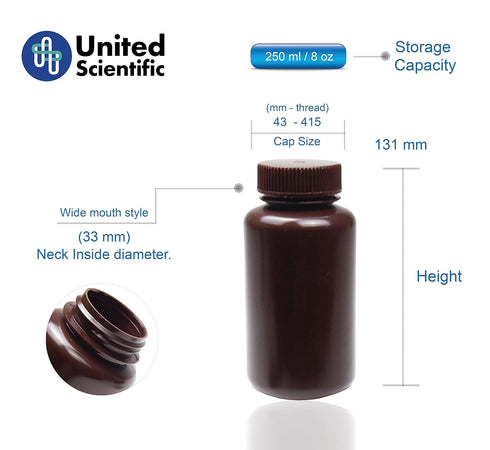 United Scientific Supplies 33464 Laboratory Grade HDPE Wide Mouth Amber Reagent Bottle, 250ml (8oz) Capacity, Pack of 12
