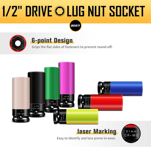 1/2" 7 Set, 17 19 21 mm 13/16 7/8 1 1-1/16 inch, 6 BOEN Drive Impact Lug Nut Socket, Pieces Non-Marring Wheel Protector