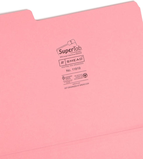 Smead SuperTab File Folder - Oversized 1/3-Cut Tab, Letter Size, Dark Pink, 12 per Pack