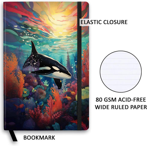 RICCO BELLO Wide Ruled Hardcover Diary Journal, 192 Pages, 5.7 x 8.4 Inches, Orca for Kids and Tweens