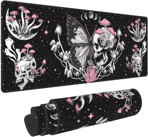 Skull Hippie Mushroom Moth Moon Gaming Mouse Pad XL, Large Extended Mousepad Desk Pad, Long Nonslip Rubber Mice Mats Stitched Edges Playmat for Office Home Gamer, 31.5x11.8 Inch by MOLIAN