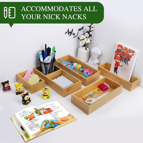 Bamboo Drawer Organizer Set, 5 PCS Multi-Use Individual Wood Storage Organizers for Kitchen, Bathroom, Office