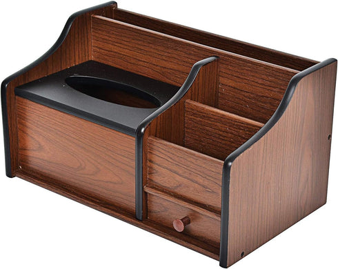 Cherry Brown Wood Desk Organizer, Tissue Box Lid with Multiple Slots Drawer for Phone Tablet Remote Control Storage