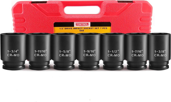 TONYNOL 1/2 Inch Drive Deep Impact Socket Set, 6-Point, SAE(1/2 Drive 1-3/8"to1-3/4"), 7