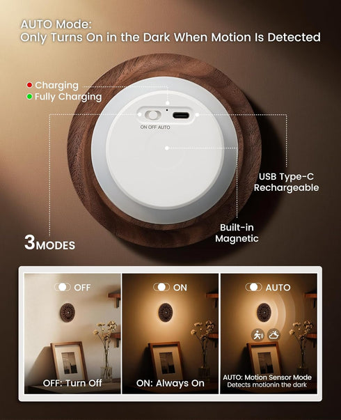 Motion Sensor Night Light Wood USB Rechargeable Stick-On Step Lights Magnetic Small Wall Lights for Hallway Bedroom