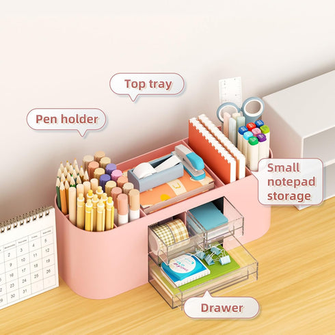 Marbrasse Desk Organizer Pen Holder with 3 Drawers, Multi-Functional Pencil Holder for Home, School, Classroom (Pink)