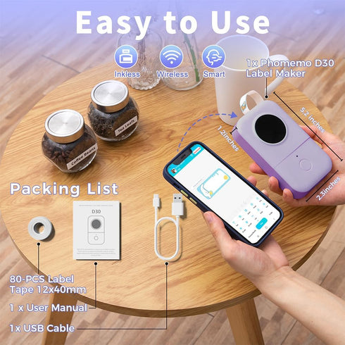 Phomemo D30 Label Makers Machine, Portable Bluetooth Mini Sticker Thermal Label Printer, Handheld Rechargeable, Easy to