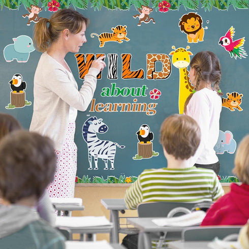Jungle Animals Bulletin Board Decoration Set, Wild about Learning Cutouts for Kindergarten, Preschool, Elementary Decor