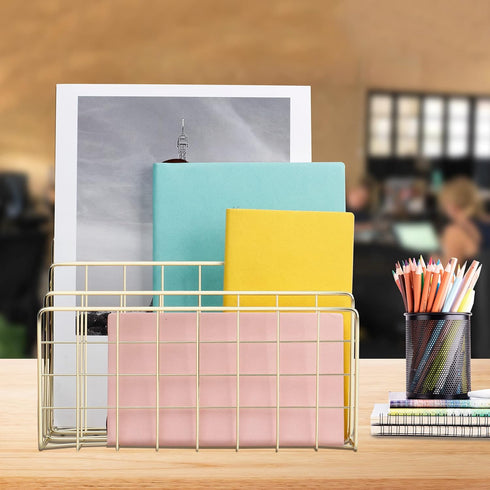 Metal Wire Desktop Mail Organizer, File Sorter, Magazine Rack for Letters, Mails, Books, Postcards (3 Slot, Gold)