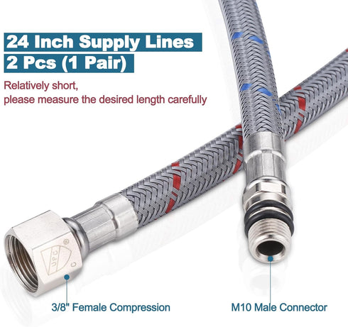ARCORA 24" Bathroom Faucet Hose, Braided Nylon cUPC Supply Lines 3/8" Female Compression Thread M10 Male Connector (1 Pair)