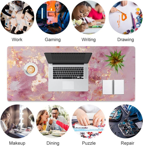 QIYI Large Mouse Pad, Cute Pink PU Leather Desk Mat, Rose Gold Marble Protector for Gaming, 31.5" x 15.7"