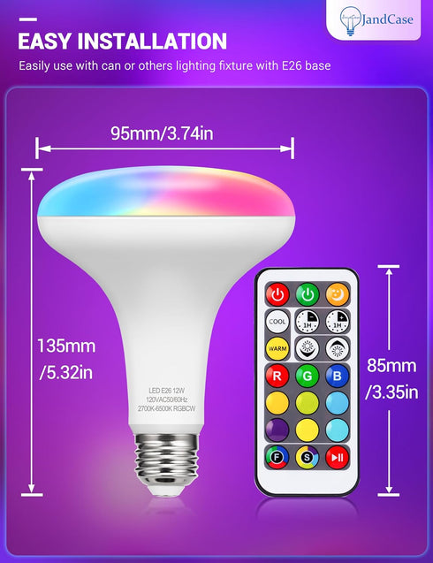 JandCase BR30 Color Changing Light Bulb, RGB+Warm+Cool White, 12W (100W Equivalent), 2 Pack