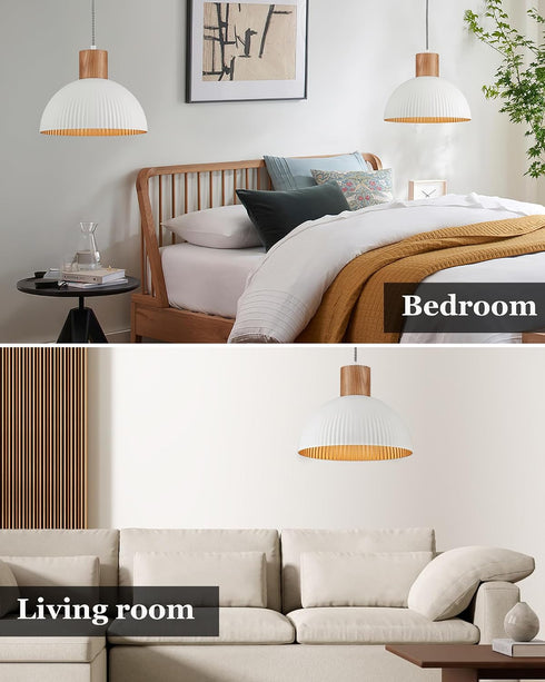 12" ELYONA Modern Ash Wood Pendant Light Fixtures Hanging Lamp Nordic White Metal & Gold Inner Finish Boho Pendant