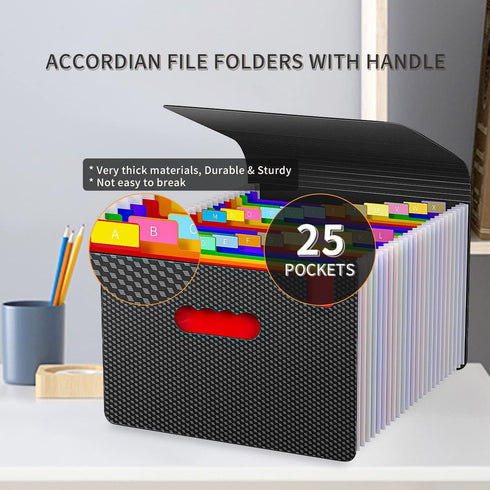 Expanding File Folders, 25 Pockets Accordion Organizer with Handle, Portable Filing Folder for A4/Letter Size, 2