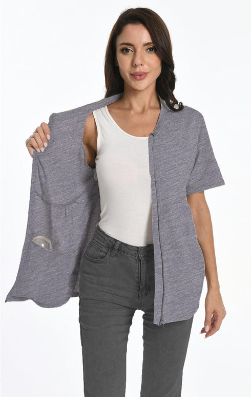 Meuponc Post Mastectomy Zip Up Shirts with Drain Pockets Surgery Recovery Must Haves Clothing Comfy Short Sleeve Shirts