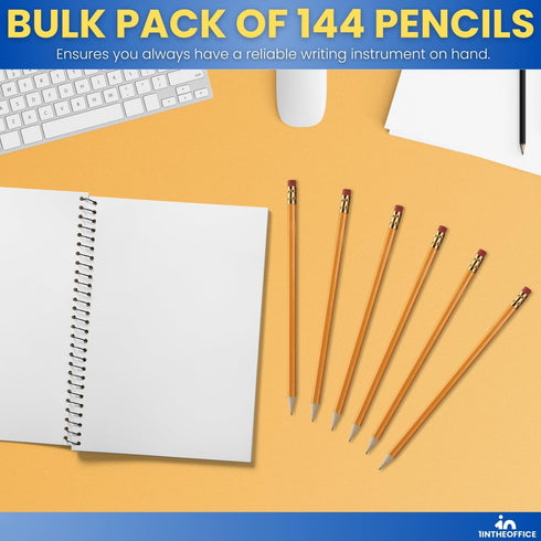 Pre Sharpened Pencils #2, 1InTheOffice, 2 HB, Wood-Cased, Black Lead, Yellow Barrel (144) with Eraser