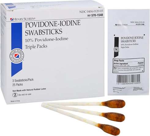 Henry Schein Prep Povidone-Iodine Swabsticks 3's, Individually Packed, Sterile, Antiseptic for Skin