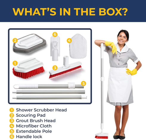 Shower Scrubber with Long Handle, Stiff Bristles Grout-Brush, Tub Scrub-Brush with Long-Handle, Shower-Cleaner Brush