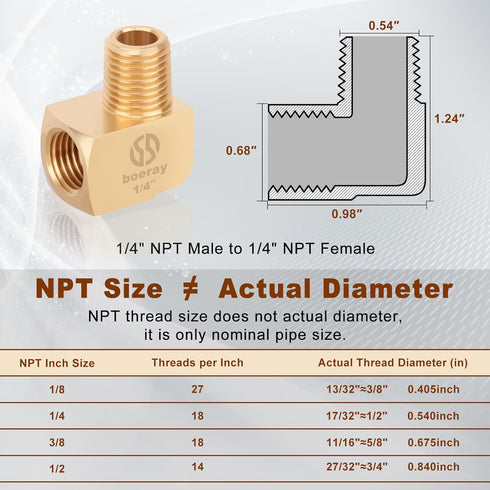 2pcs 1/4” Brass Fittings - 90 Degree Barstock Street Elbow, 1/4" NPT Male to Female Pipe