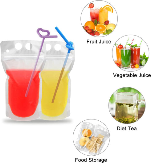 100 100 Pcs Drink Pouches with Straw Holes, Freezable Juice Pouches, Translucent Reclosable Zipper Plastic Pouche Drink