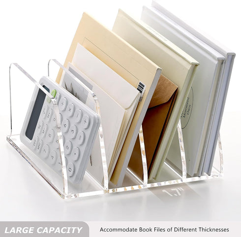 4-Section SANRUI Acrylic Desk File Sorter Organizer Holder, Clear Vertical Letter File Folder Rack, Notebook Magazine
