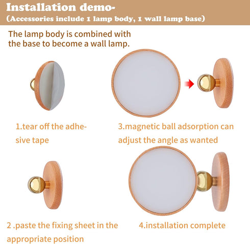 1-Pack 360 Dimmable LANDGOO Wood Wall Sconce, Beech Wood Magnetic Rotatable Cordless Bedside Lamp, Rechargeable & LED