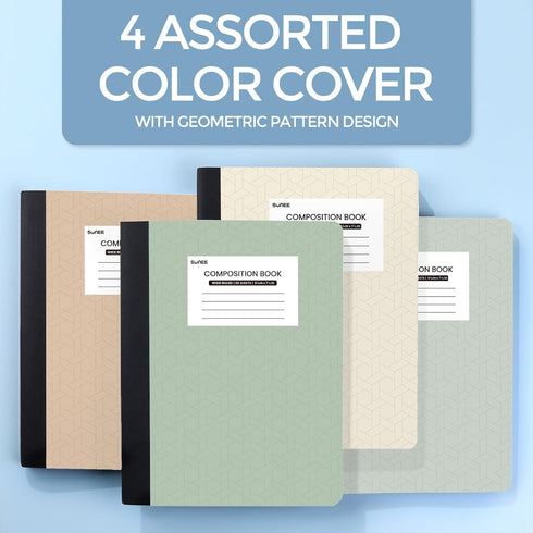 SUNEE Composition Notebooks, 4 Pack, Wide Ruled Paper, Composition Book, 9 3/4" x 7 1/2", 80 Sheets/160 Pages, Assorted