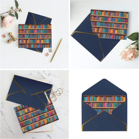 Vuiopuf Library Bookshelf Elegant Gold-Foiled Pearlized Paper Greeting Card-Blank Inside,Single-Sided Print