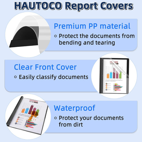 HAUTOCO 5 Pack Plastic Report Covers - 3 Prongs Fasteners Clear Front Resume Portfolio Folder for 8.5x11 Letter Size