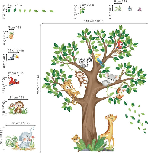 decalmile Large Jungle Animal Tree Wall Decals Giraffe Koala Leopard Safari Wall Stickers Baby Nursery Kids Bedroom