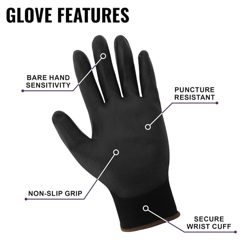 Global Glove PUG-17 Lightweight Polyurethane Dipped Work Gloves, Black, Medium, 12 Pairs, Anti-Static/Electrostatic