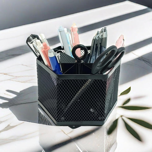 SETTFRFE Hexagon 360° Rotating Pen Organizer for Desk, 6 Compartments Mesh Pen Caddy, Black