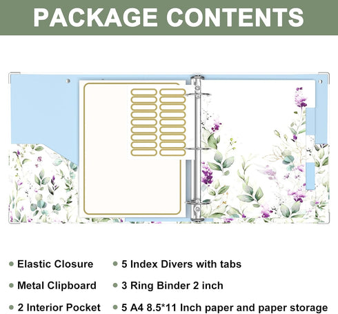 Rouidr 3 Ring Binder, 2 Inch Round Ring Organizer with Clipboard, 5 Dividers Tabs, A4 8.5 * 11 Inch Paper, Wisteria