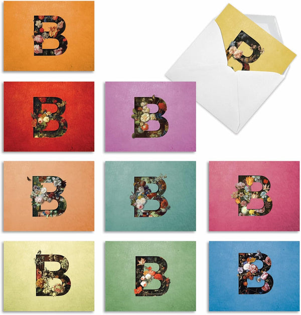 The Best Card Company 10 Assorted Blank Notecards with Initial Letter “B” - Baroque Blooms Personal Stationary