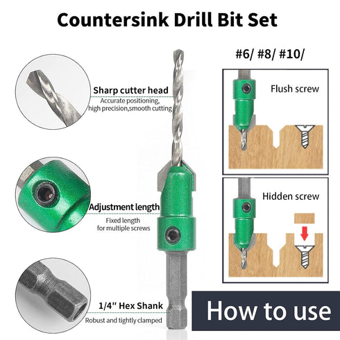 KOWOOD Pro Countersink Drill Bit Set, #6, 8, 10, 3-Piece for Wood, High Speed Steel Woodworking with Hex Key Wrench