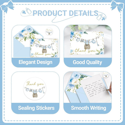 SMUAENSS 24 Pack Blue Rose Baby Shower Thank You Cards, Boy Baby Gift Card with Envelopes and Stickers, Greeting Cards